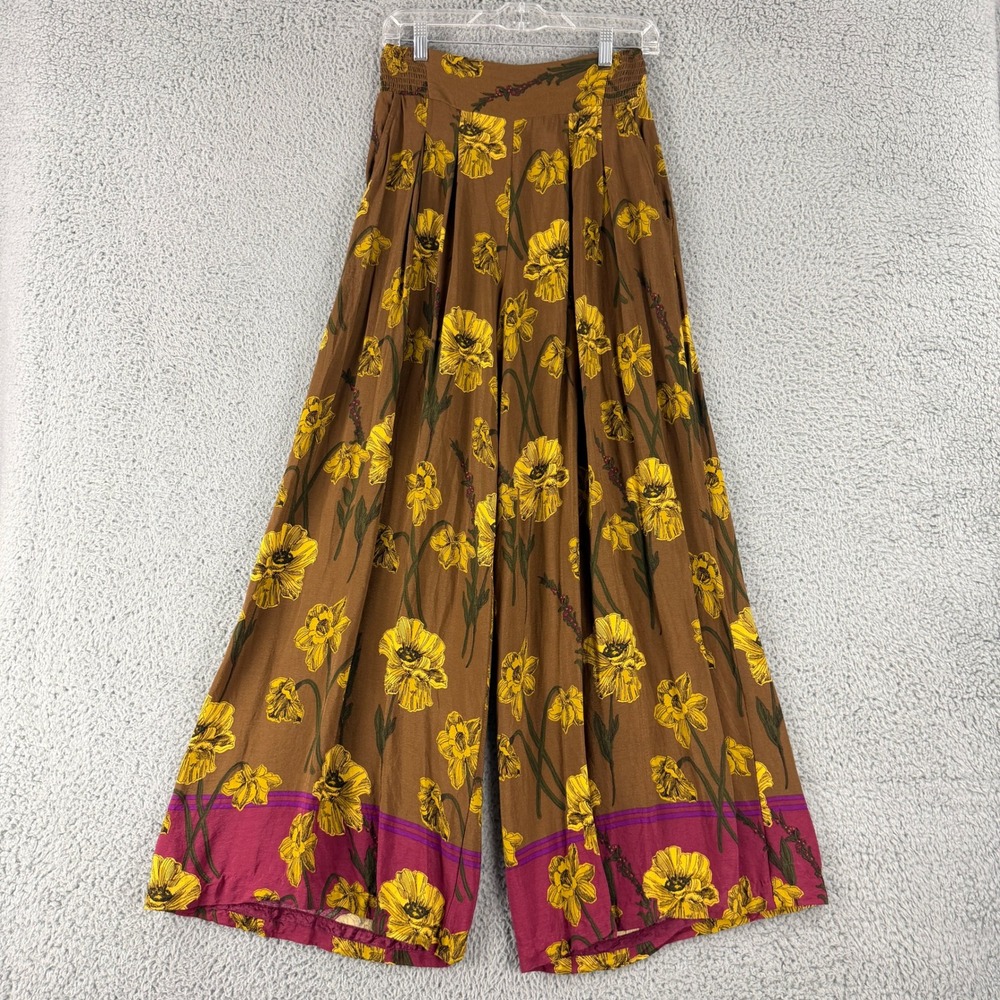 Anthropologie Maeve Pants Womens 6 Brown Floral Wide Leg Smocked High Rise Boho